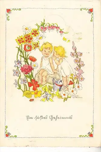 KINDER, Künstler-Karte Liesel Lauterborn, 1942, "Ein süßes Geheimnis"