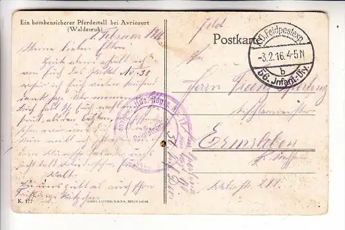 F 57810 AVRICOURT, bombensicherer Pferdestall bei Avricourt, 1916, deutsche Feldpost