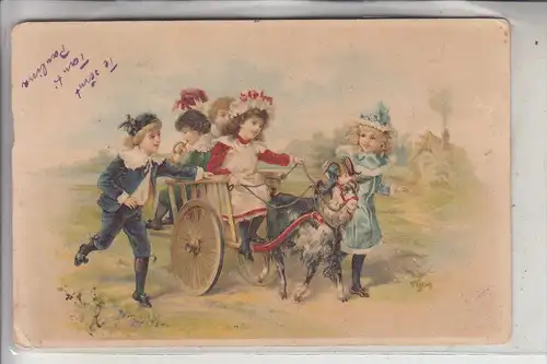 TIERE - ZIEGEN / Goats / Geiten / Chevre, Kinder mit Ziegenwagen, 1900,kl. Knick