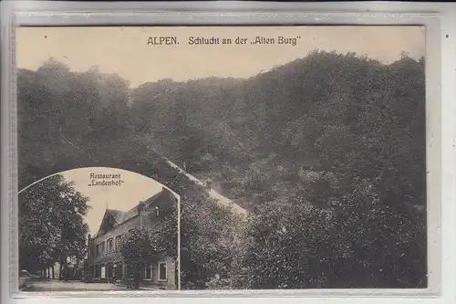 4234 ALPEN, Restaurant Lindenhof, Schlucht an der Alten Burg, Bahnpost "VENLO - HALTERN, 1912