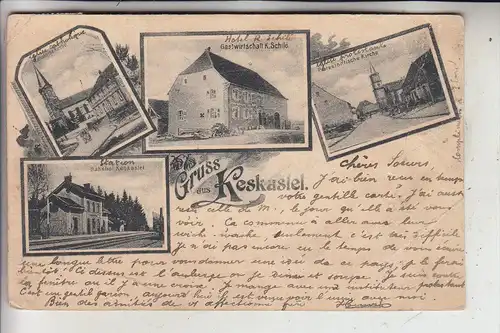 F 67260 KESKASTEL, Bahnhof, Gastwirtschaft & beide Kirchen, 1904, Druckstelle