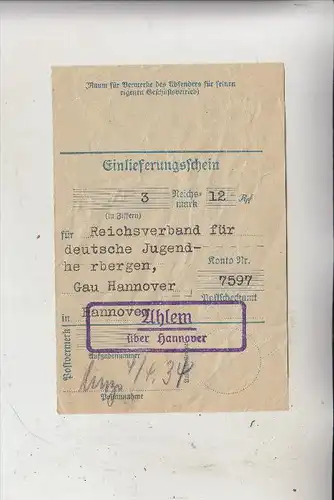 3000 HANNOVER - AHLEM, Landpoststempel "Ahlem über Hannover" auf Einlieferungsschein 1934