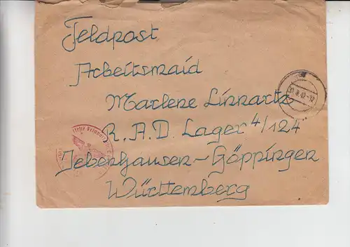 MILITÄR - 2.Weltkrieg, Feldpost L 08477 Lg. Breslau, RFSS Lazarett, an Arbeitsmaid RAD Lager 4/124 Göppingen, 31.8.1942