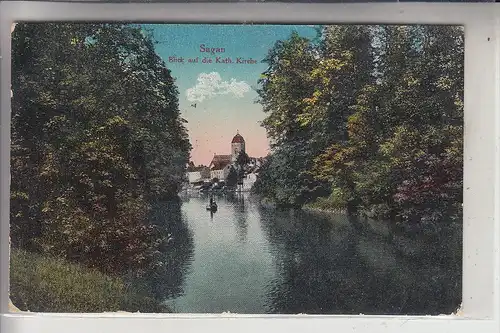 SCHLESIEN - NIEDERSCHLESIEN, SAGAN / ZAGAN, Blick auf die kath. Kirche, 1922, franz. Militärpost