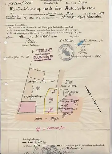 5000 KÖLN - PORZ - ENSEN, Hohestrasse 24a, Konvolut Zeichnungen, Katasterauszüge, Bauschein, Grundbuchauszug..