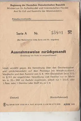 POST, DDR - Rücksendezettel für Geschenksendungen, Zoll & Warenverkehr, 1960