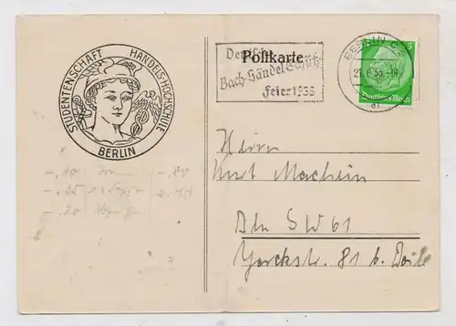 1000 BERLIN, Studentica, Studentenschaft Handelshochschule Berlin, 1935, Postkarte, Mittelknick