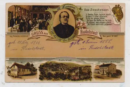 0-6820 RUDOLSTADT,, Lithographie, A. Sommer Wohnhaus, Gasthaus Ritter, Garnisonskirche...