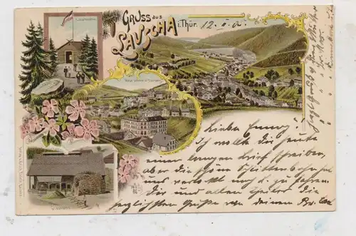 0-6426 LAUSCHA, Lithographie, Glashütte, Lauschenstein, Neue Schule & Tierberg, Ortsansicht