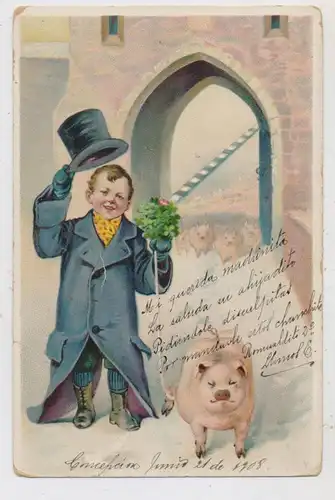 TIERE - SCHWEINE / Pigs / Porcs / Varkens / Maiali / Cerdos, Junge mit Glücksschweinherde, ca. 1905