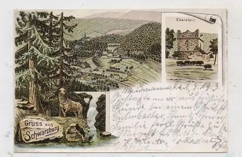 0-6825 SCHWARZBURG, Lithographie 1899, Eberstein, Ortsansicht, Hirsch, Kastenstempel