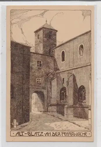 NIEDER - SCHLESIEN - GLATZ / KLODZKO, An der Pfarrkirche, Künstler-Karte Elfriede Springer
