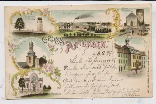 JUDAICA - SYNAGOGE PUTTLINGEN / Lothringen, Plüschtierfabrik / Peluche Fabrik....Lithographie 1900