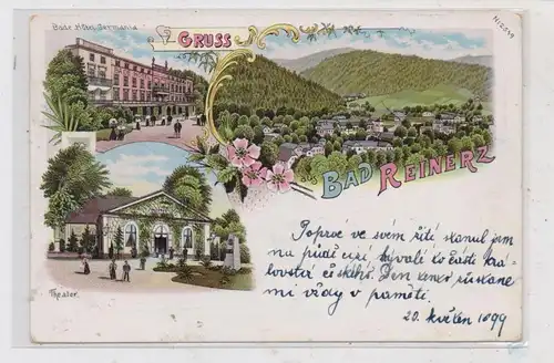NIEDER - SCHLESIEN - BAD REINERZ-/ DUSZNIKI ZDROJ, Lithographie 1899, Hotel Germania, Theater, Gesamtansicht