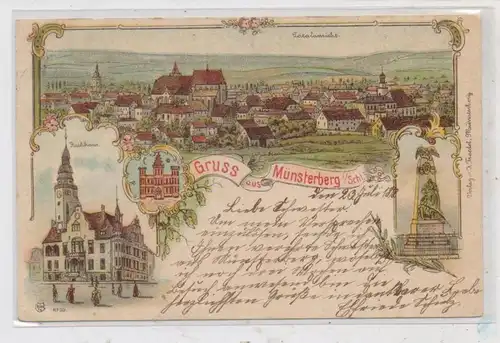 NIEDER - SCHLESIEN - MÜNSTERBERG / ZIEBICE (Frankenstein), Lithographie 1898, Kriegerdenkmal, Rathaus, Stadtansicht..