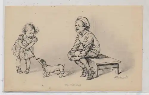 KÜNSTLER - ARTIST - WALLY FIALKOWSKA, "Ein Bösewicht" Kinder und Hund