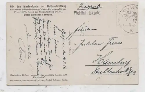 MILITÄR - SCHIFFE / Navy, Deutsches U-Boot versenkt "FORMIDABLE", Künstler-AK Prof. Schulze, MSP 17, 1916