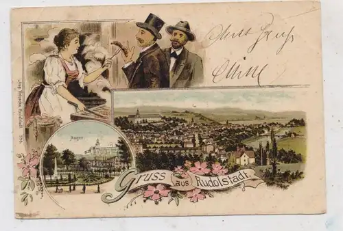 0-6820 RUDOLSTADT, Lithographie 1899, Anger, Ortsansicht, Thüringer Rost Bratwurst