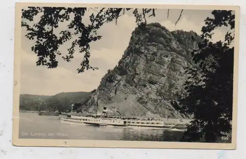 BINNENSCHIFFE - RHEIN, Köln-Düsseldorfer Dampfer vor der Loreley, 1942, NS-Beflaggung, Bänisch & Kratz # 699