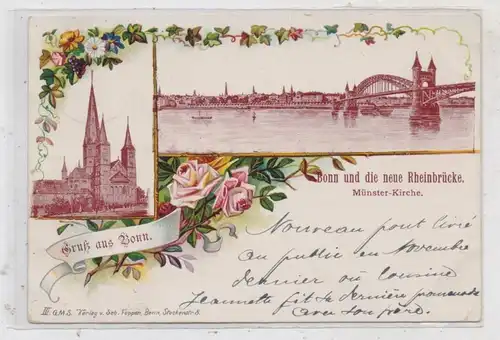 5300 BONN, Lithographie 1899, Münster-Kirche und neue Rheinbrücke