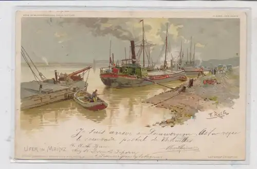 BINNENSCHIFFE - RHEIN, Frachtschiffe am Mainzer Ufer, Künstler-Karte1898