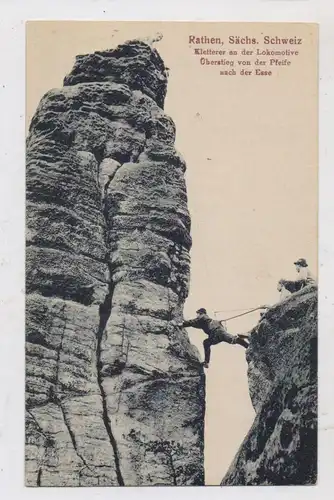 SPORT - BERGSTEIGEN, Kletterer an der Lokomotive, Säschsische Schweiz