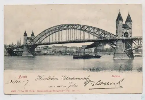 5300 BONN, Rheinbrücke, Glückwunschkarte zum Neuen Jahr, Frachtschiff, 1901, Verlag Becker - Königswinter