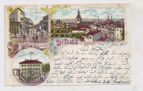 F 57260 DIEUZE / DUSS, Lithographie 1900, Mühlenstrasse, Generalkommando, Stadtansicht