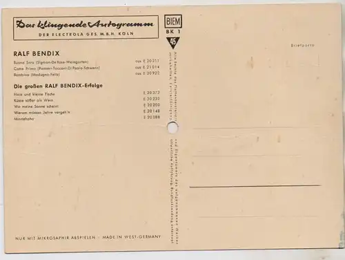 MUSIK - RALF BENDIX - Schallplatten - AK, "Das klingende Autogramm"