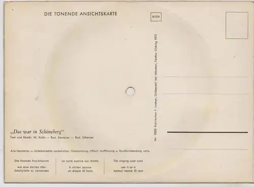 1000 BERLIN, Schallplatten - AK, "Das war in Schöneberg"