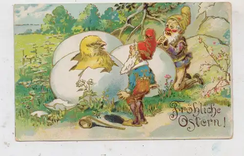 OSTERN - Zwerge und schlüpfendes Küken, Golddruck, Präge-Karte / embossed / relief, 1910