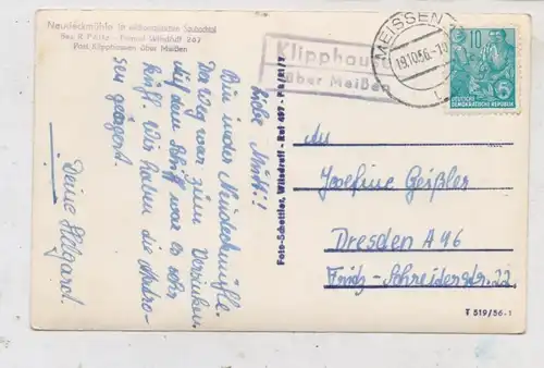 0-8251 KLIPPHAUSEN, Neudeckmühle im Saubachtal, Landpoststempel "Klipphausen über Meissen", 1956