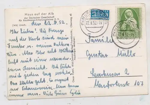 BUND - Michel 151, Germanisches Museum, AK - Einzelfrankatur, 22.8.52 von Urach nach Leverkusen