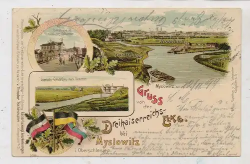 OBER - SCHLESIEN - MYSLOWITZ / Dreikaiserecke, Lithographie, Grenzbrücke, Russ. Zollkammer...1899