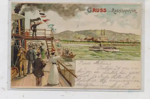 BINNENSCHIFFE - RHEIN, Gruß vom Rheindampfer, Lithographie 1898