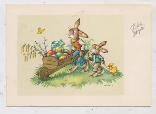 OSTERN - 3 junge Hasen mit Schubkarre
