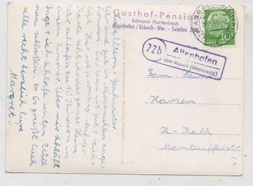 5464 ASBACH - ALTENHOFEN, Gasthof - Pension Hurtenbach, Landpoststempel, 1959