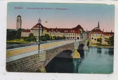 4330 MÜLHEIM / Ruhr, Schlossbrücke, Stadtbad, Rathausturm, 1929