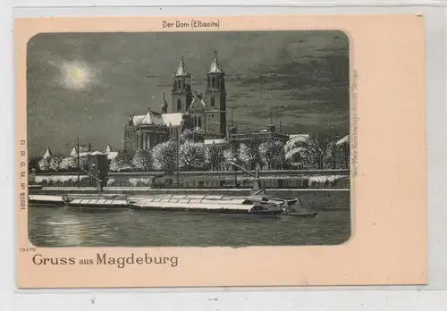 0-3000 MAGDEBURG, Winter - Lithographie, Magdeburg im Schnee, Frachtschiffe auf der Elbe