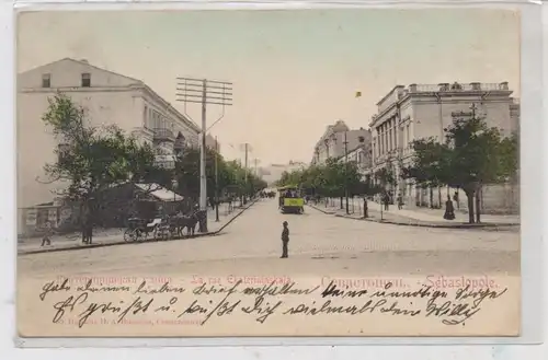 UKRAINE - SEBASTOPOL, Ekatharinenstrasse, Strassenbahn, Droschke, 1904, Abs. Matrose der SMS LORELEY