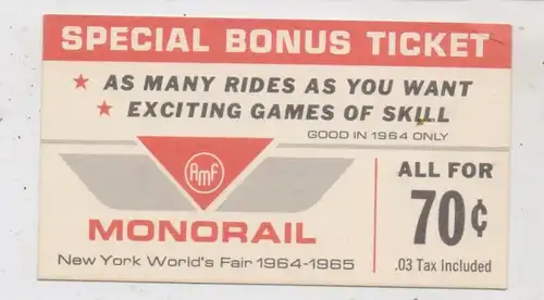 EISENBAHN  / Railway, MONORAIL - Ticket, World's Fair New York 1964 - 65