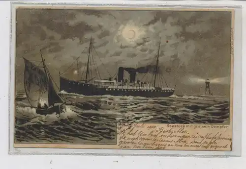 HALT GEGEN LICHT / Hold to light, Seestück mit grossem Dampfer, 1900, LUNA