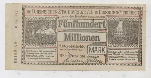 4100 DUISBURG - MEIDERICH, Notgeld, Rheinische Stahlwerke, 500 Millionen Mark, Gebrauchserhaltung