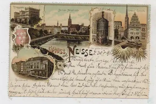 OBER - SCHLESIEN - NEISSE / NYSA, Lithographie 1898, Kriegsschule, Getreidemarkt, Kämmerei...
