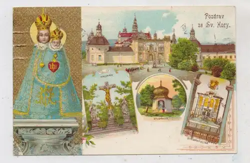BÖHMEN & MÄHREN -  PRIBRAM, Gruss vom heiligen Berg, Präge - Lithographie, Eckknick