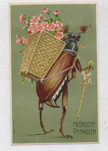 PFINGSTEN - Maikäfer mit Blumenkorb, Präge - Karte / embossed / relief, 1909