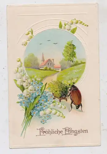 PFINGSTEN - Maikäfer mit Schubkarre, Frühlingslandschaft, Präge-Karte / embossed / relief, 1915