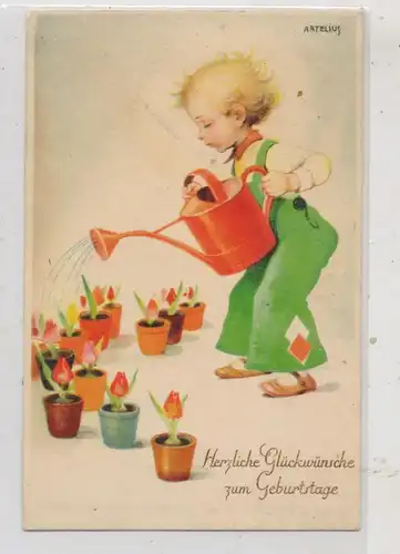 KINDER - Junge giesst Tulpen, Künstler - Karte Arterius, 1933