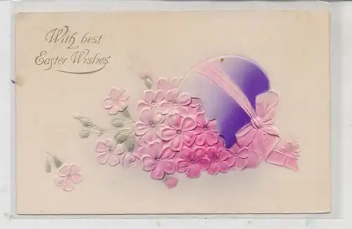 OSTERN - Präge - Karte mit  buntem Ei und Blumen, embossed / relief, Verlag Langsdorf - New York