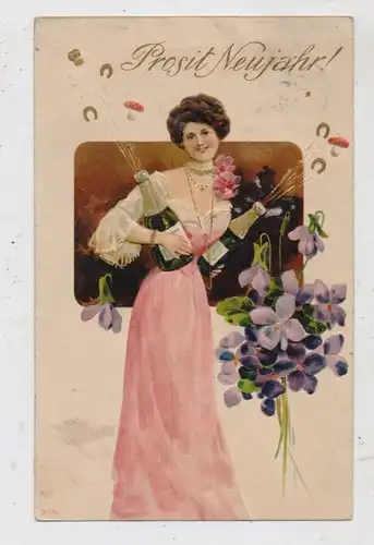 NEUJAHR - Frau mit Champagner, Pilze, Hufeisen, Präge - Karte / embossed / relief, 1907